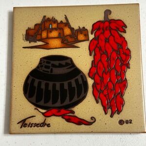 Vintage 1982‎ Cleo Teissedre Signed Art Tile Pueblo Chili Ristra Pottery 6x6